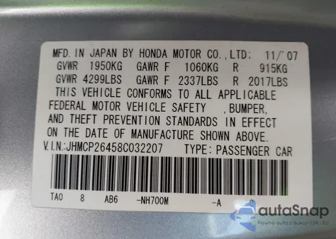 2008 Honda Accord 2.4 Lx-P z USA, uszkodzony, nr VIN JHMCP26458C032207